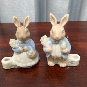 Anthropomorphic Porcelain Bunny Rabbit Man & Woman Mini Candleholders Pastel